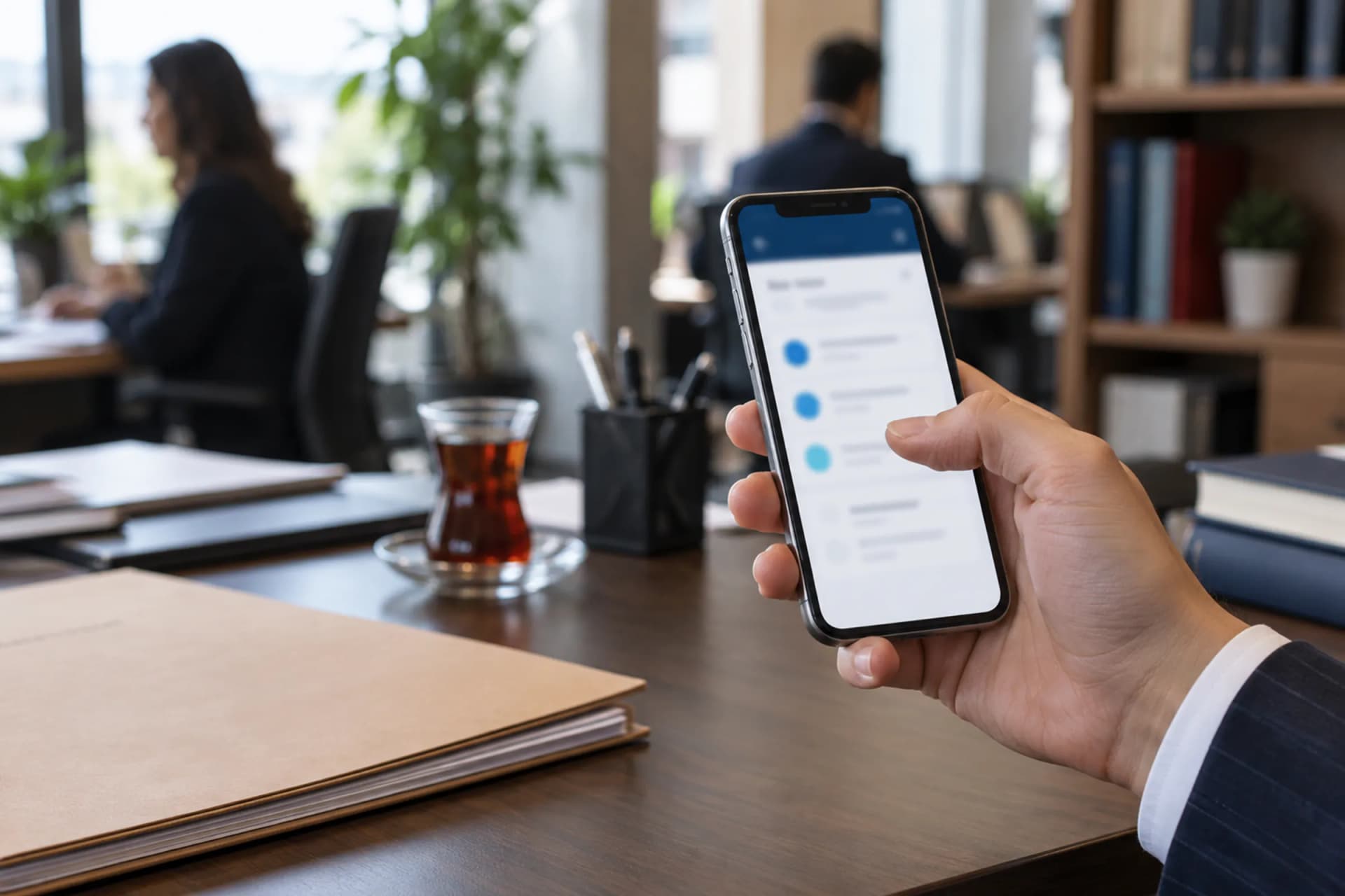 Bizi takip edin Telefonda sade bir akış ekranına bakan büro çalışanı