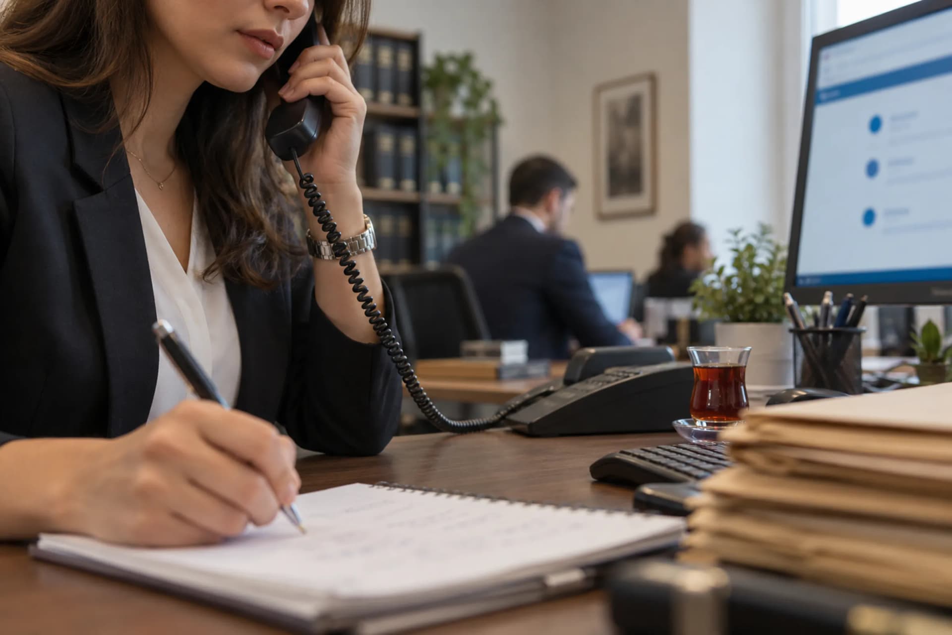 Destek kanalları Destek hattını arayıp referans numarasını not eden büro asistanı