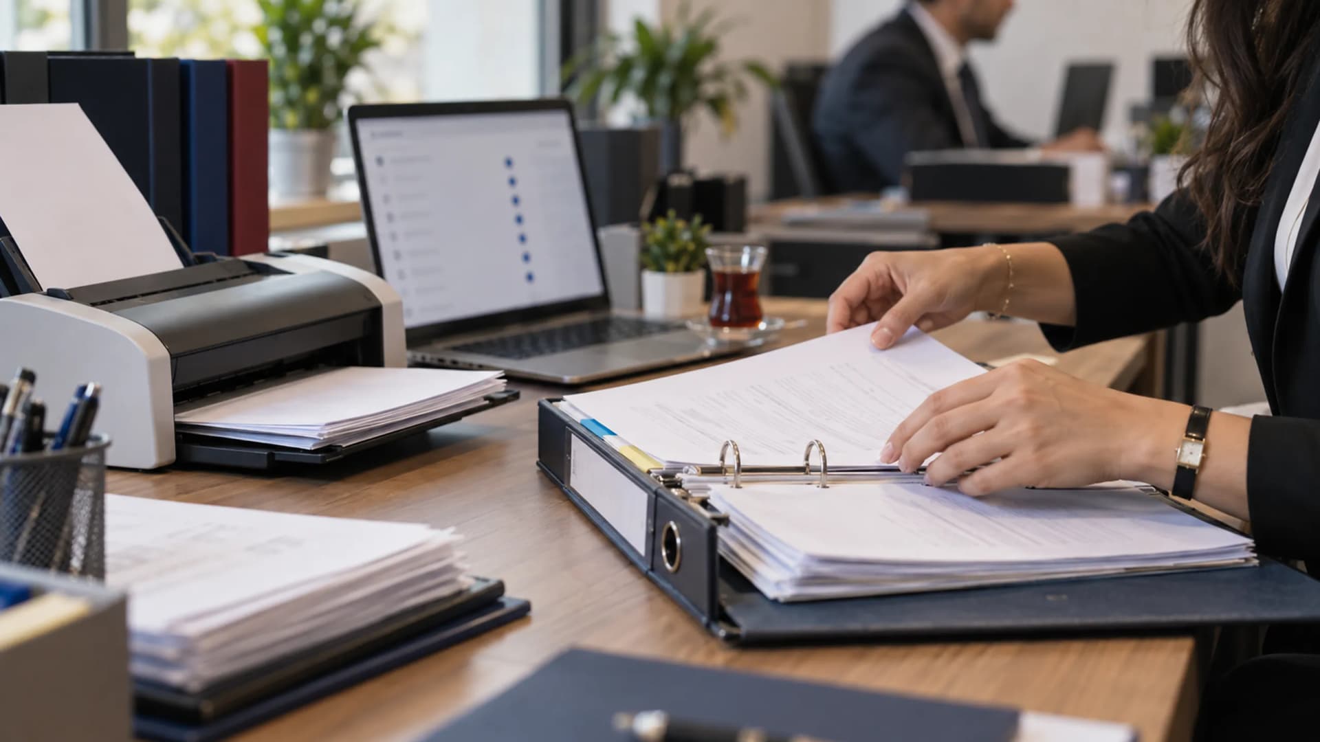 Taranan belgeyi ayraçlı klasöre yerleştiren büro asistanı