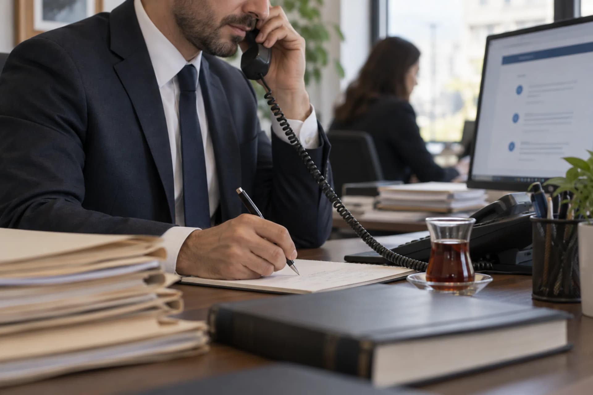 Telefonla destek alırken yardım makalesine bakan büro asistanı
