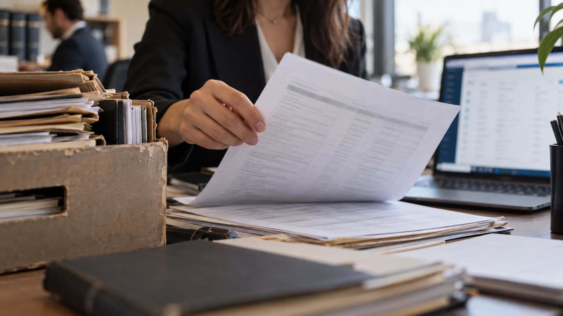 Hukuk bürosu asistanı iki monitörlü masada eski tablodan yeni dava yönetim sistemine kayıt aktarıyor; yanında eski dosya kutuları