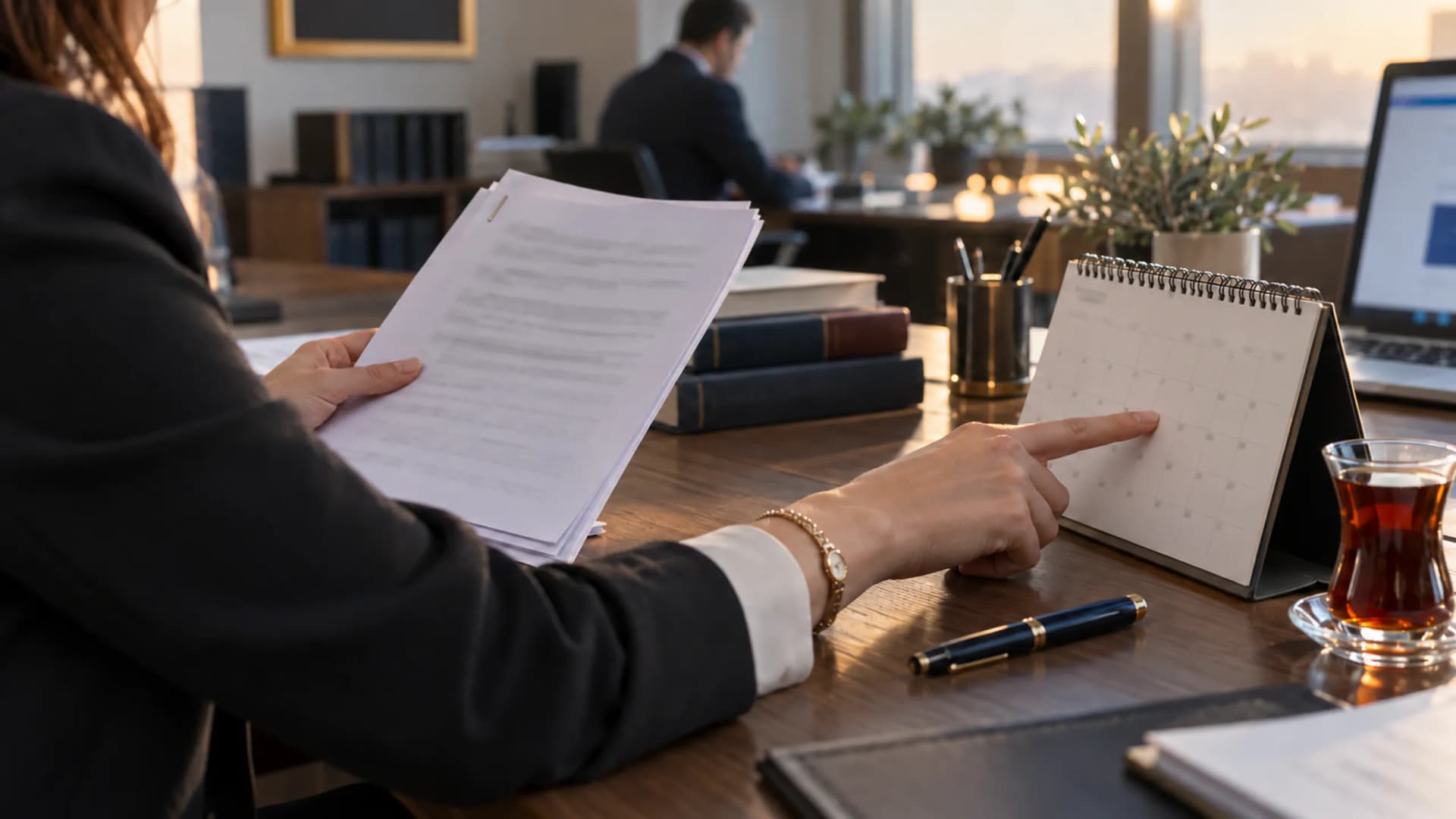 Lawyer at her desk checking an appeal deadline against a case file and an on-screen calendar; editorial photograph for the appeal deadlines guide