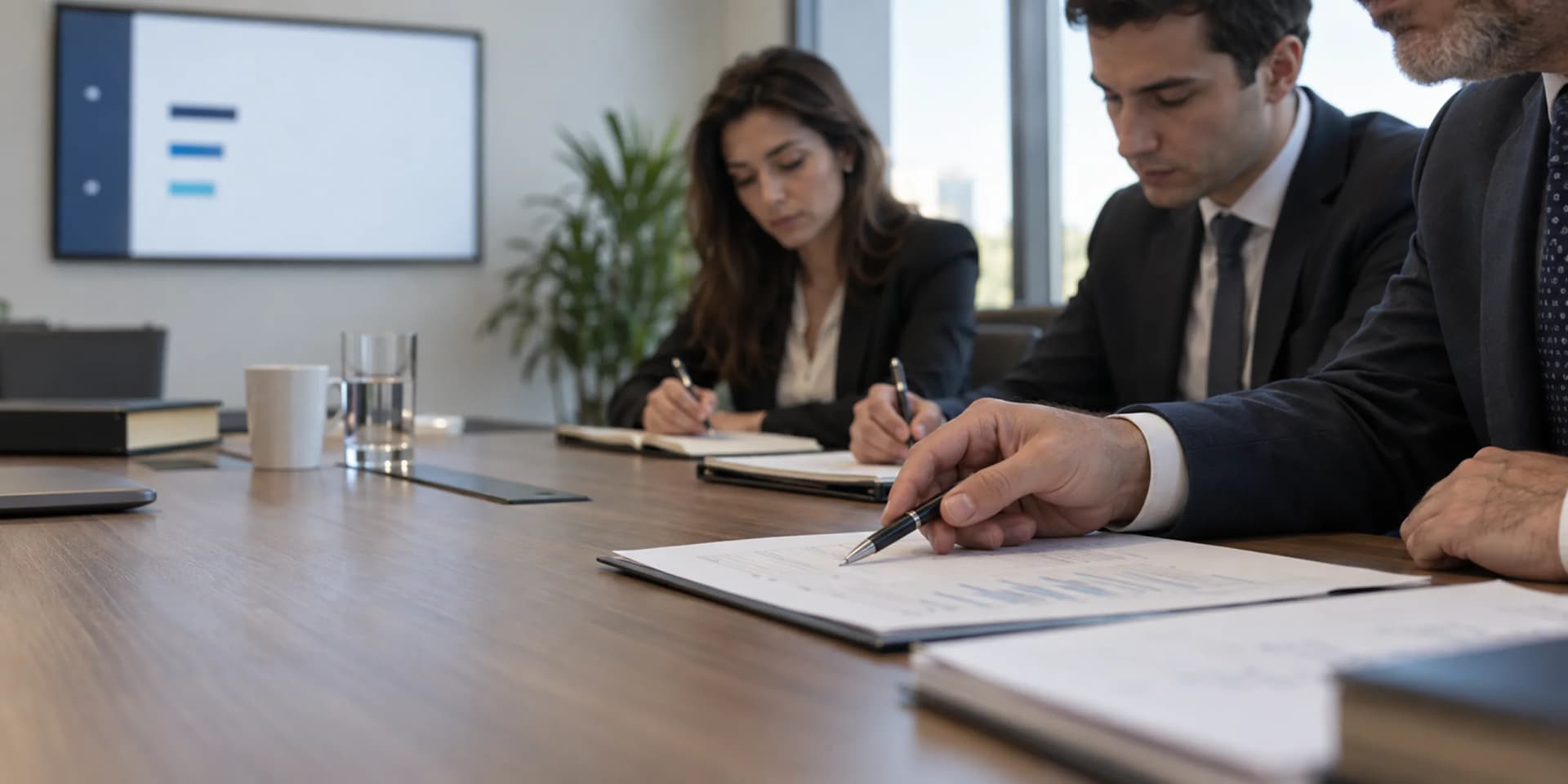 In a law firm the managing partner, lawyers and an assistant hold the weekly case meeting, looking at the case board on the wall screen