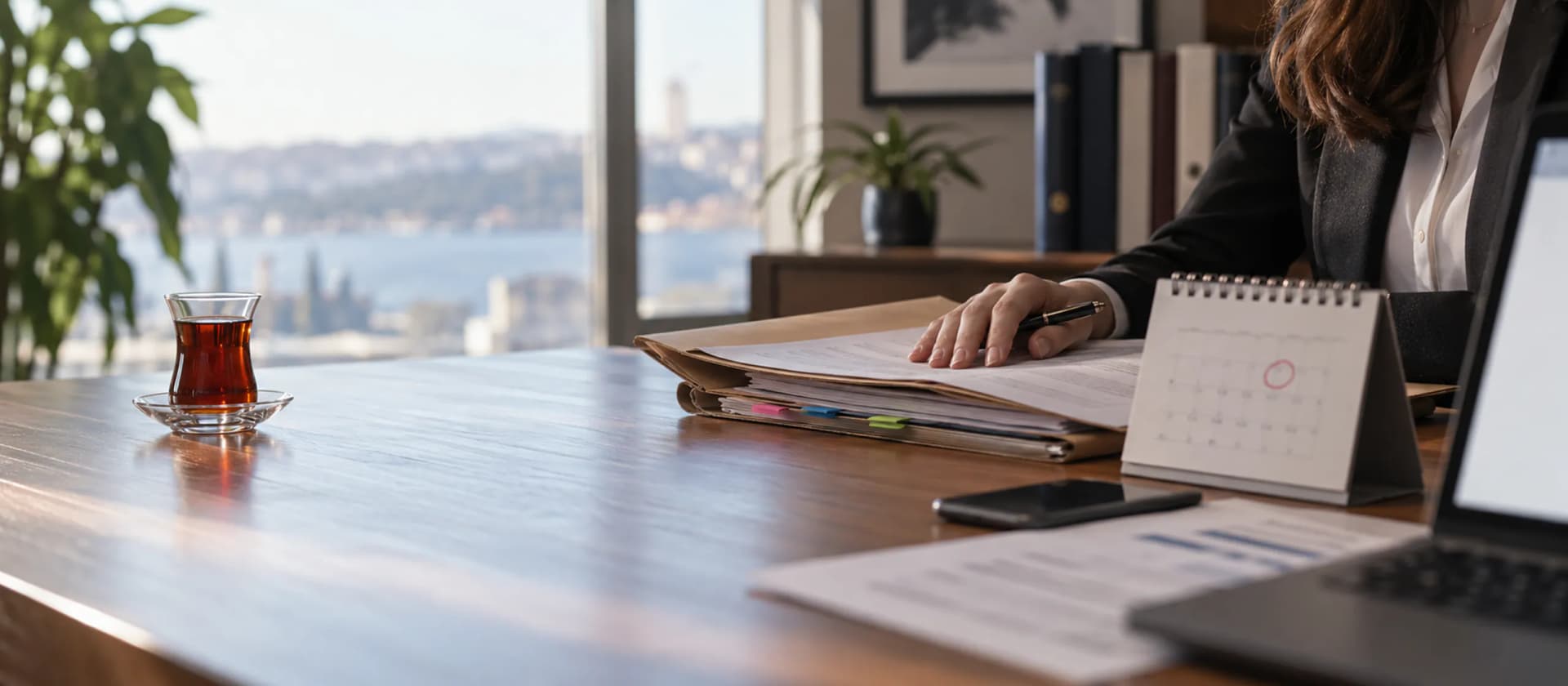 Büronun masası Dava dosyası, masa takvimi, fatura ve telefonun bir arada durduğu avukat masası
