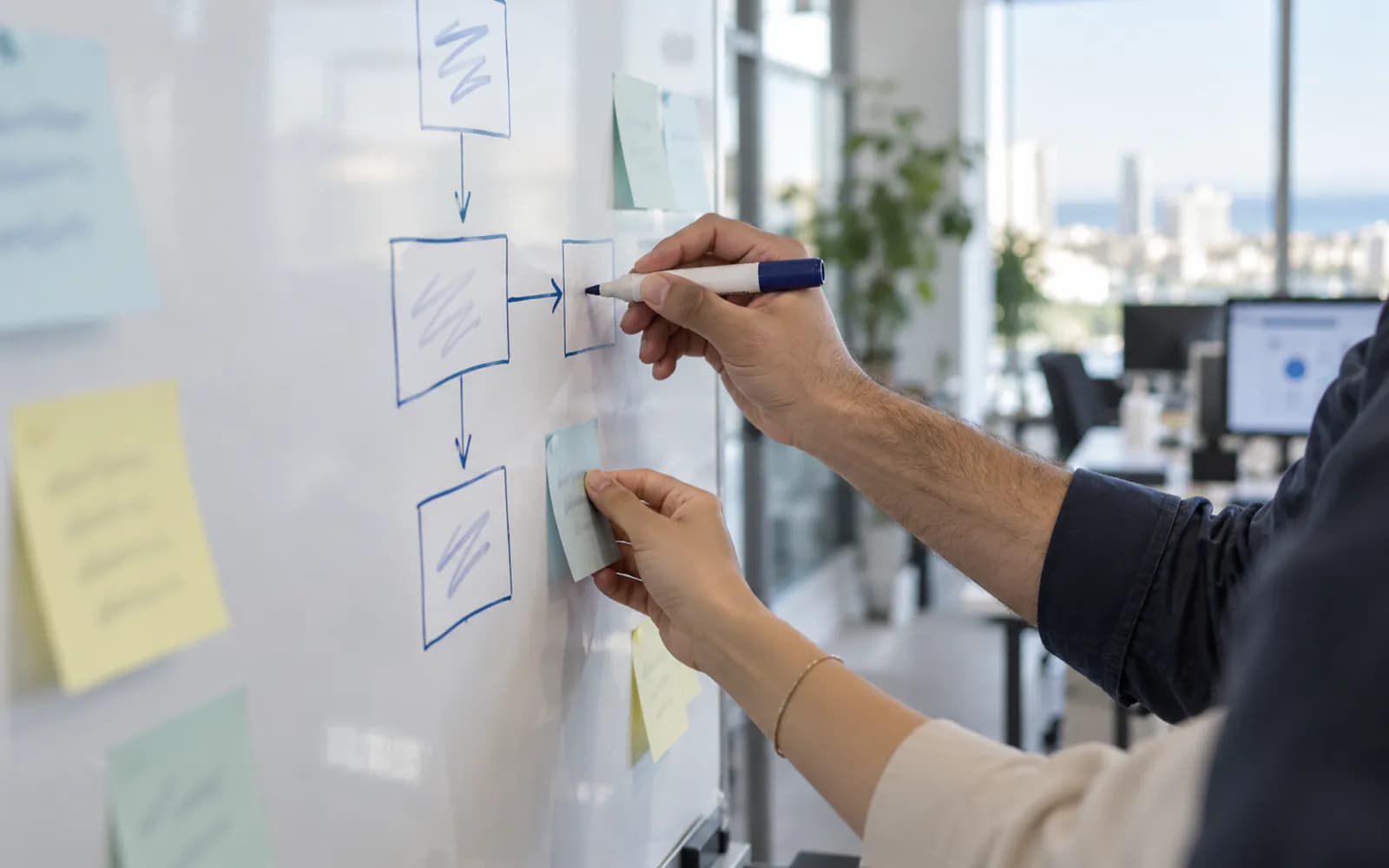 Illustrative teamwork Illustrative image of a team reviewing a product flow