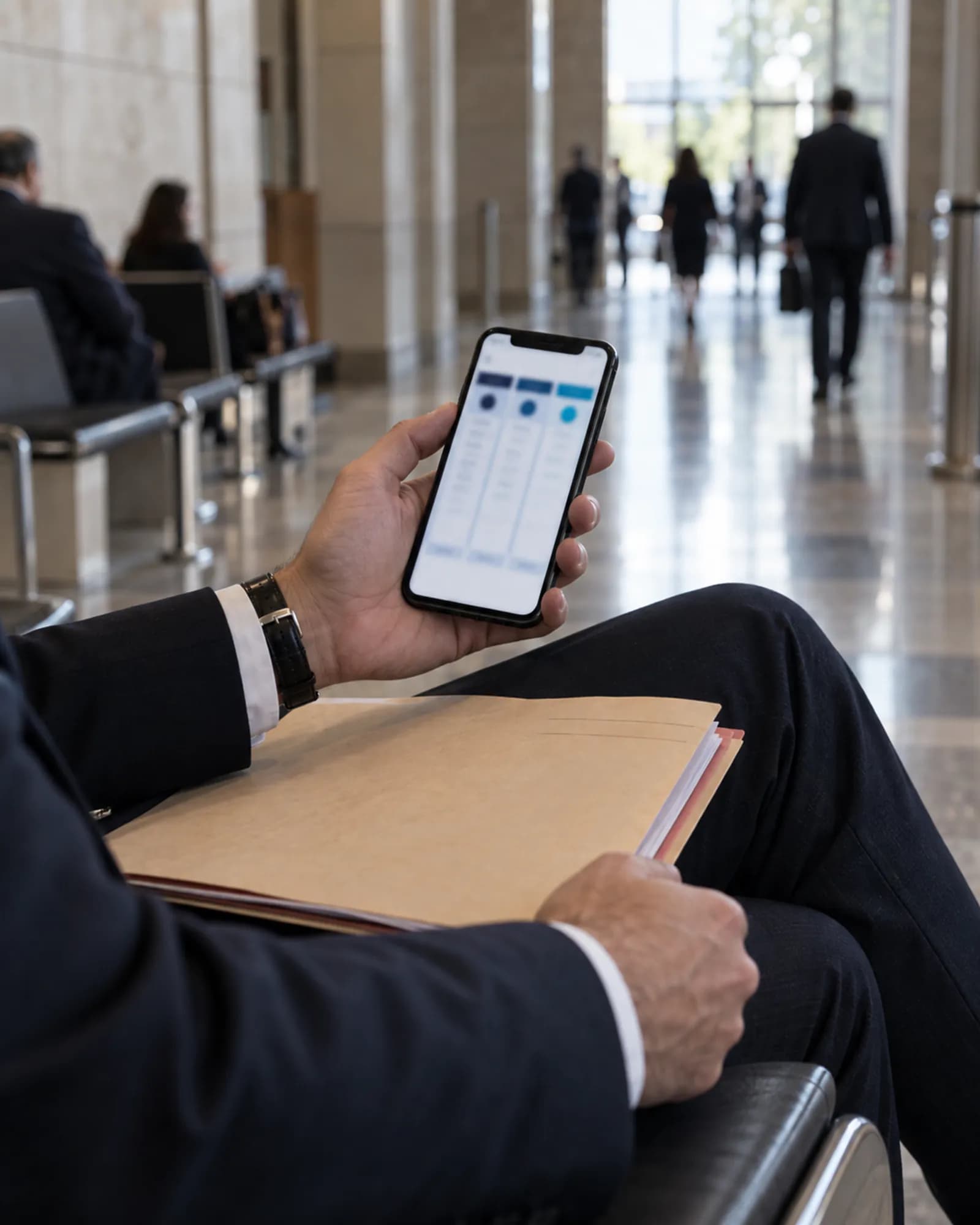 Board on mobile A lawyer viewing the board on a phone in a courthouse waiting hall