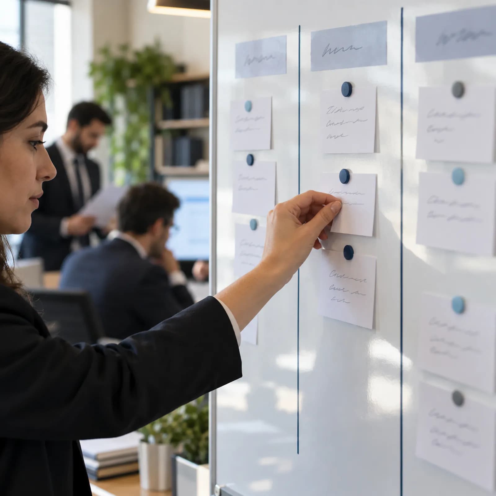 Kanban board A hand moving a case card between columns on the office whiteboard