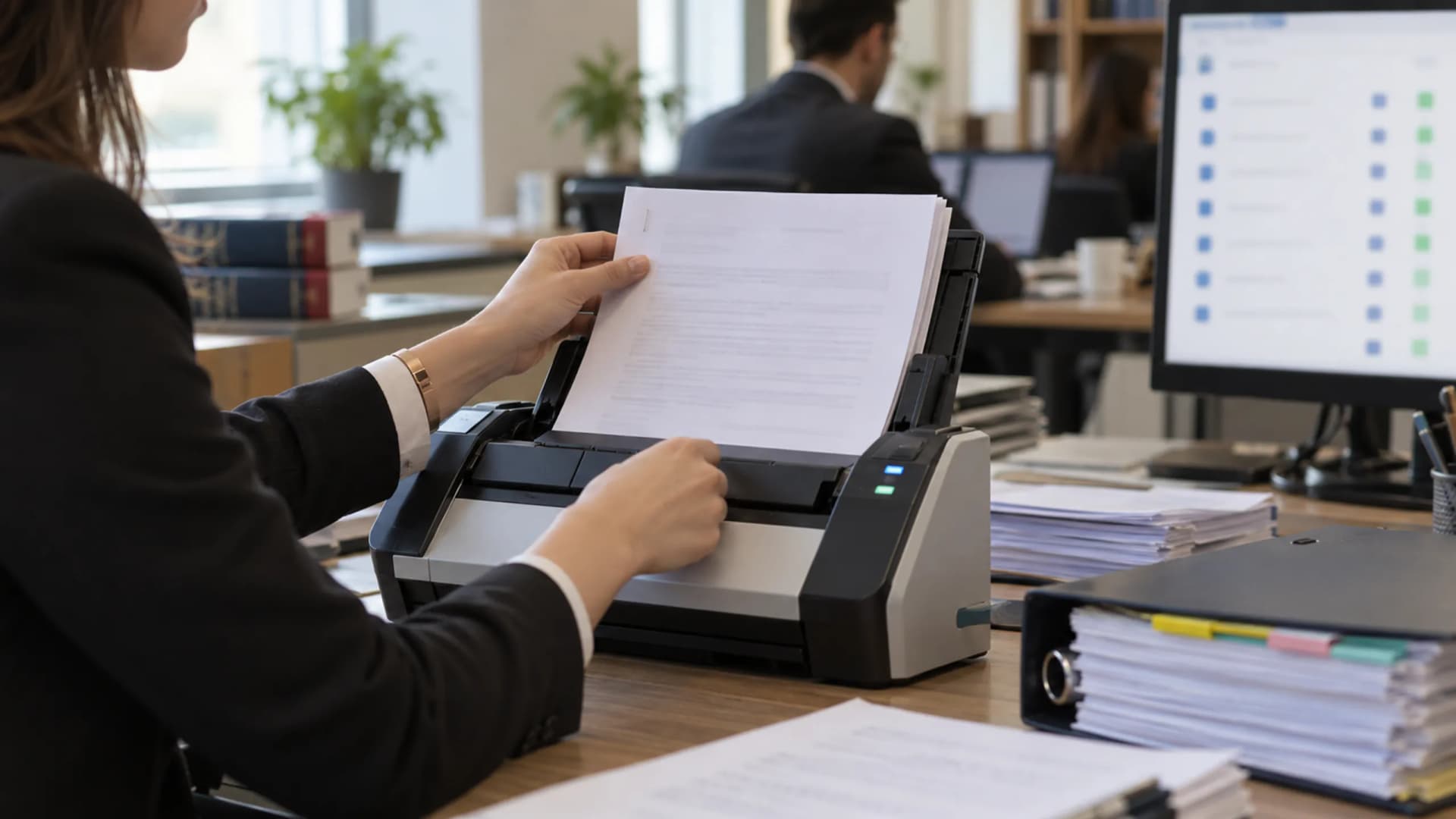 Dava evrakı tarama ve belge güvenliği Hukuk bürosu asistanı dava evrakını tarıyor; yanındaki ekranda belge listesi görünüyor; belge güvenliği ve e-imza rehberi için editoryal fotoğraf