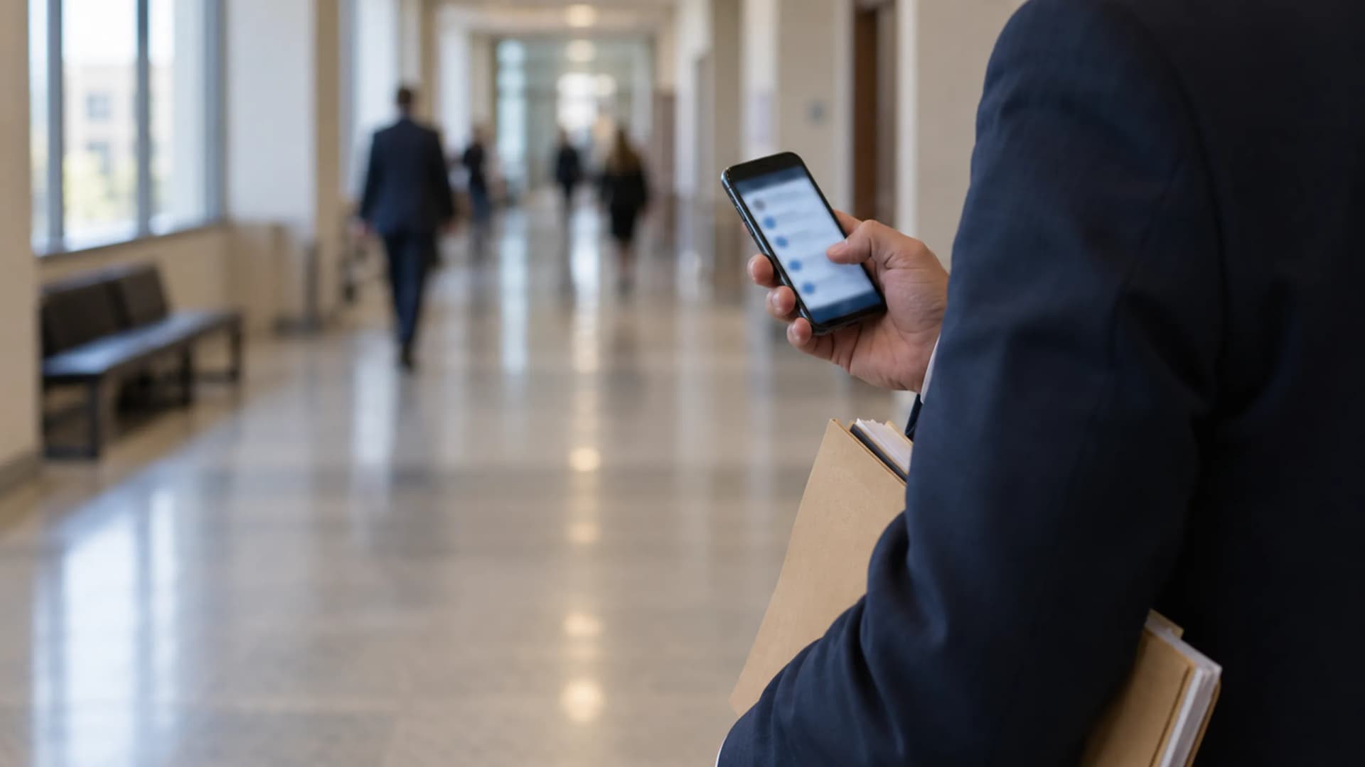 E-tebligat bildirimini kontrol eden avukat Avukat modern bir adliye koridorunda telefonuna gelen bildirime bakıyor; e-tebligat takibi rehberi için editoryal fotoğraf