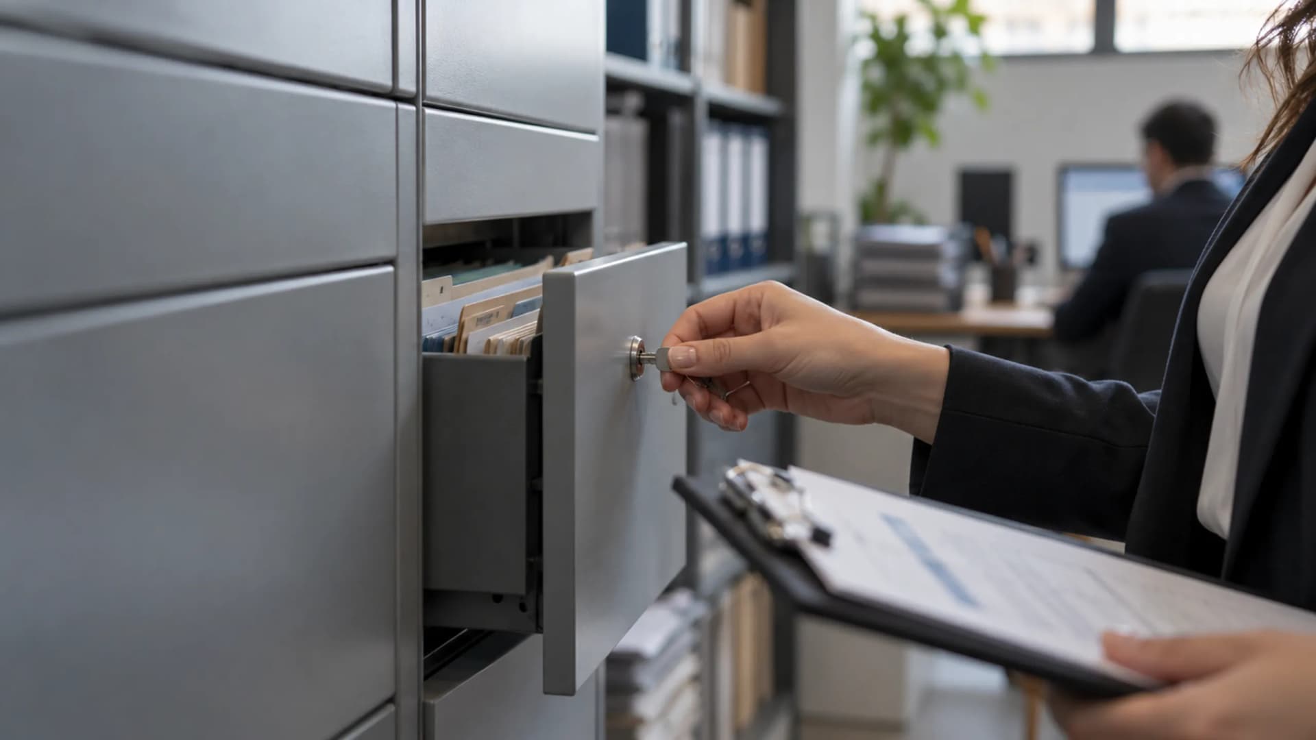 Hukuk bürosunda KVKK saklama ve arşiv kontrolü Büro yöneticisi ve avukat, kilitli arşiv dolaplarının önünde saklama kayıtlarını tabletten kontrol ediyor; KVKK uyum rehberi için editoryal fotoğraf