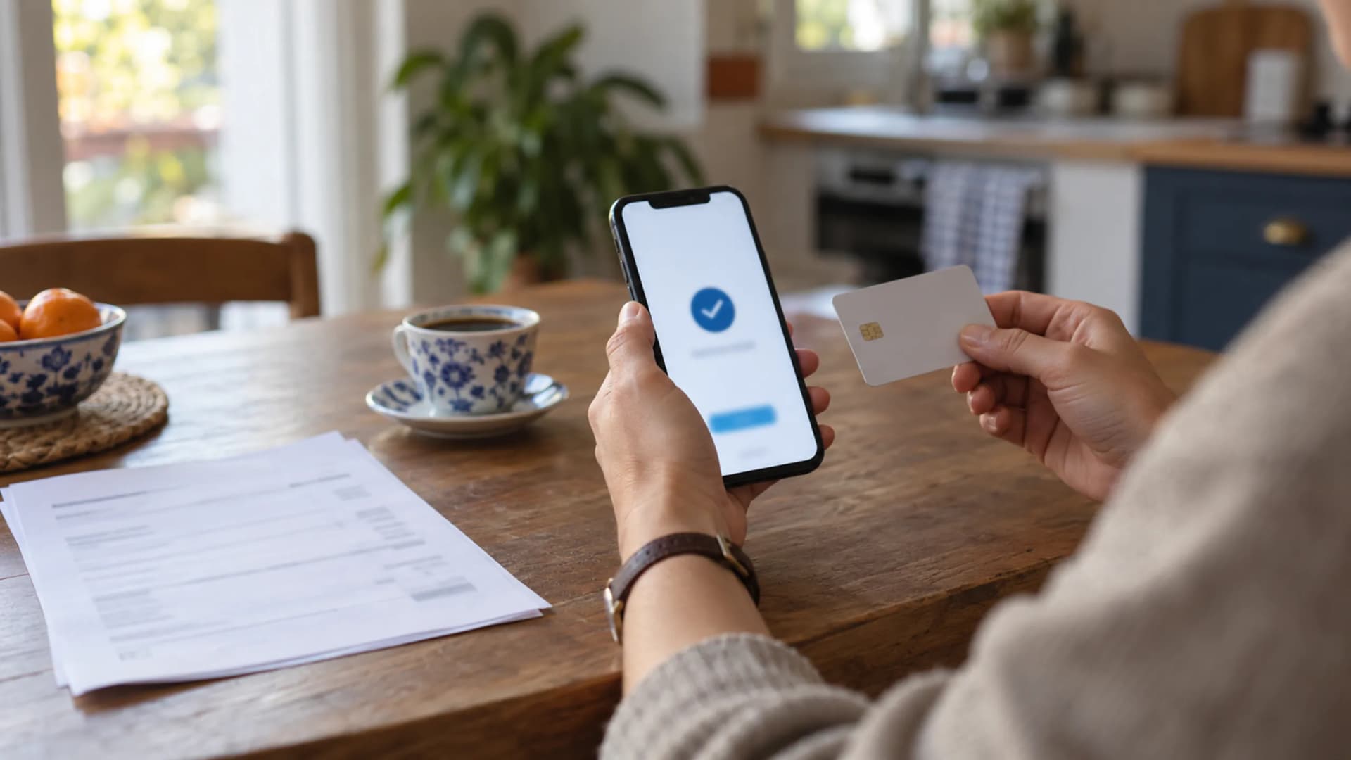 Client paying a legal fee online Client paying a legal fee on her smartphone at a kitchen table with a printed invoice beside her; editorial photograph for the online payments guide